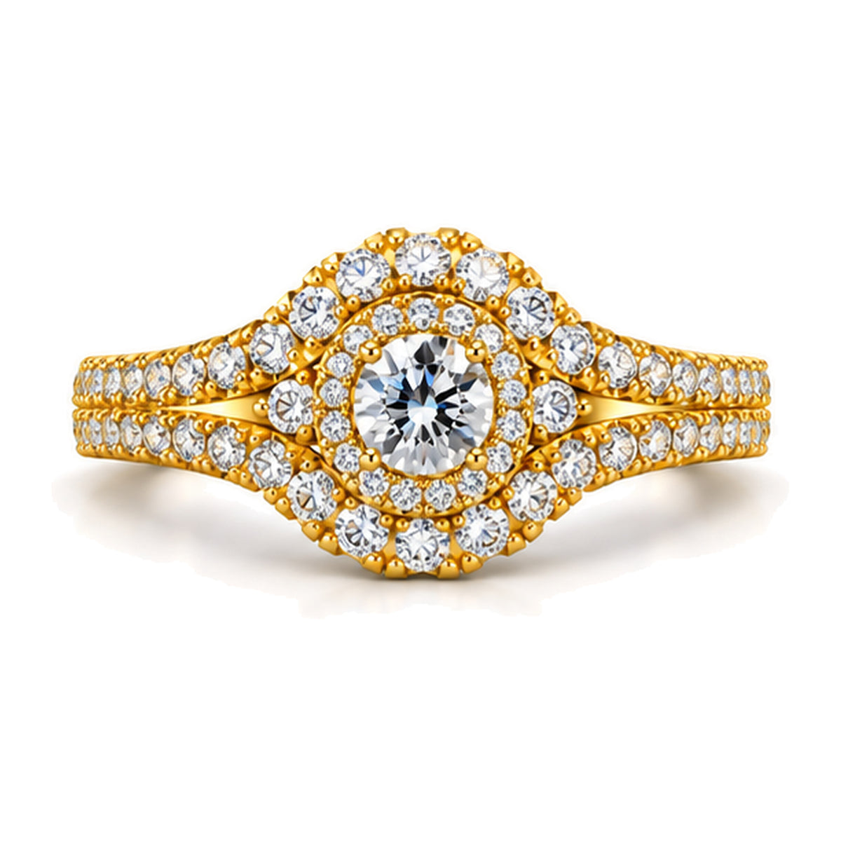 Round Moissanite Cluster Double Halo Split Shank Engagement Ring — 925 Sterling Silver, 18K Gold Plated