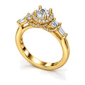Round Moissanite Halo Three-Stone Engagement Ring with Baguette Accents — 925 Sterling Silver, 18K Gold Plated