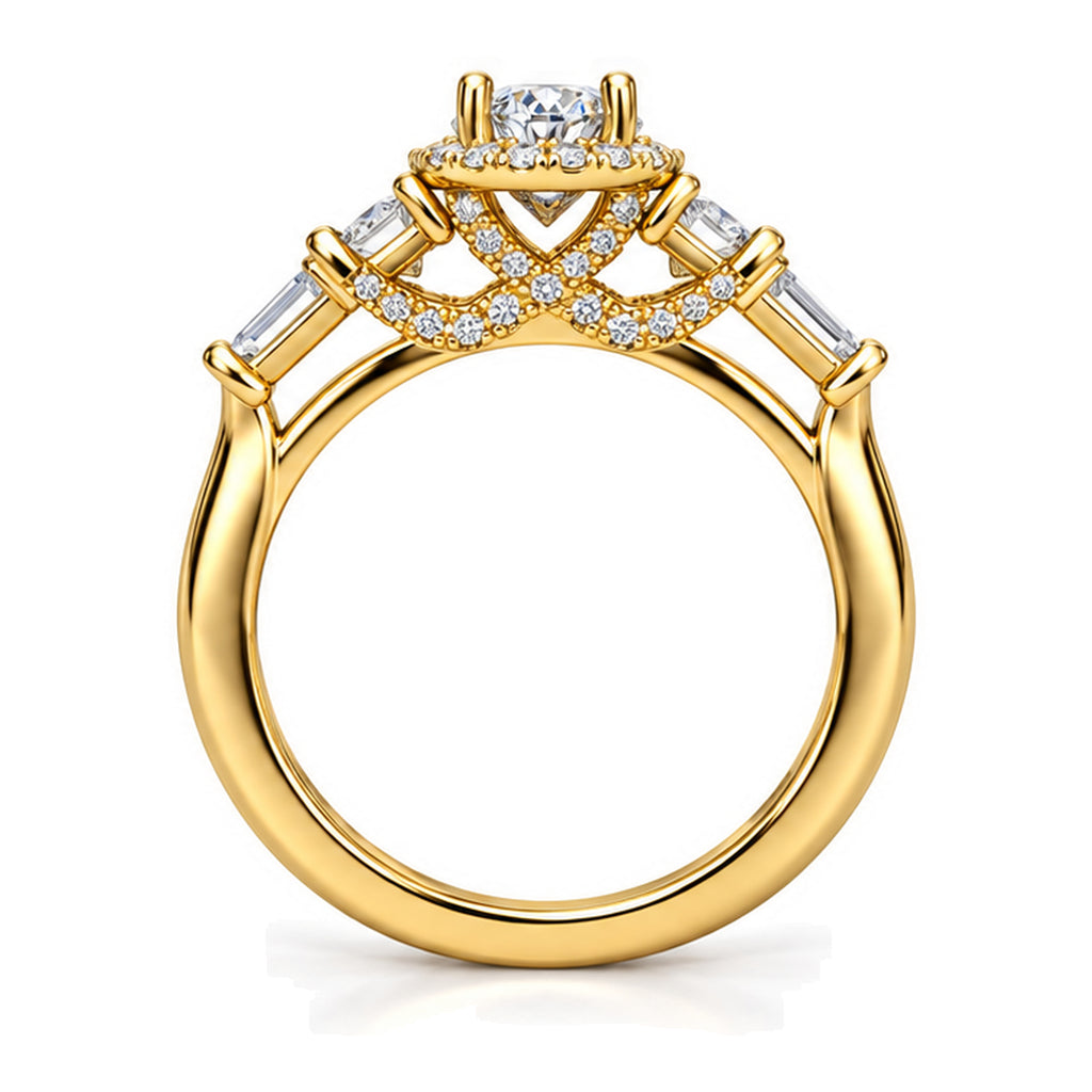 Round Moissanite Halo Three-Stone Engagement Ring with Baguette Accents — 925 Sterling Silver, 18K Gold Plated
