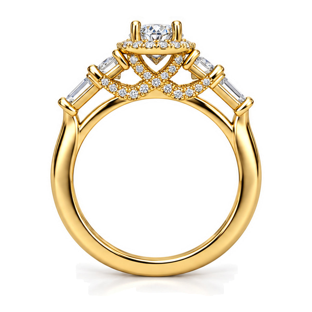 Round Moissanite Halo Three-Stone Engagement Ring with Baguette Accents — 925 Sterling Silver, 18K Gold Plated