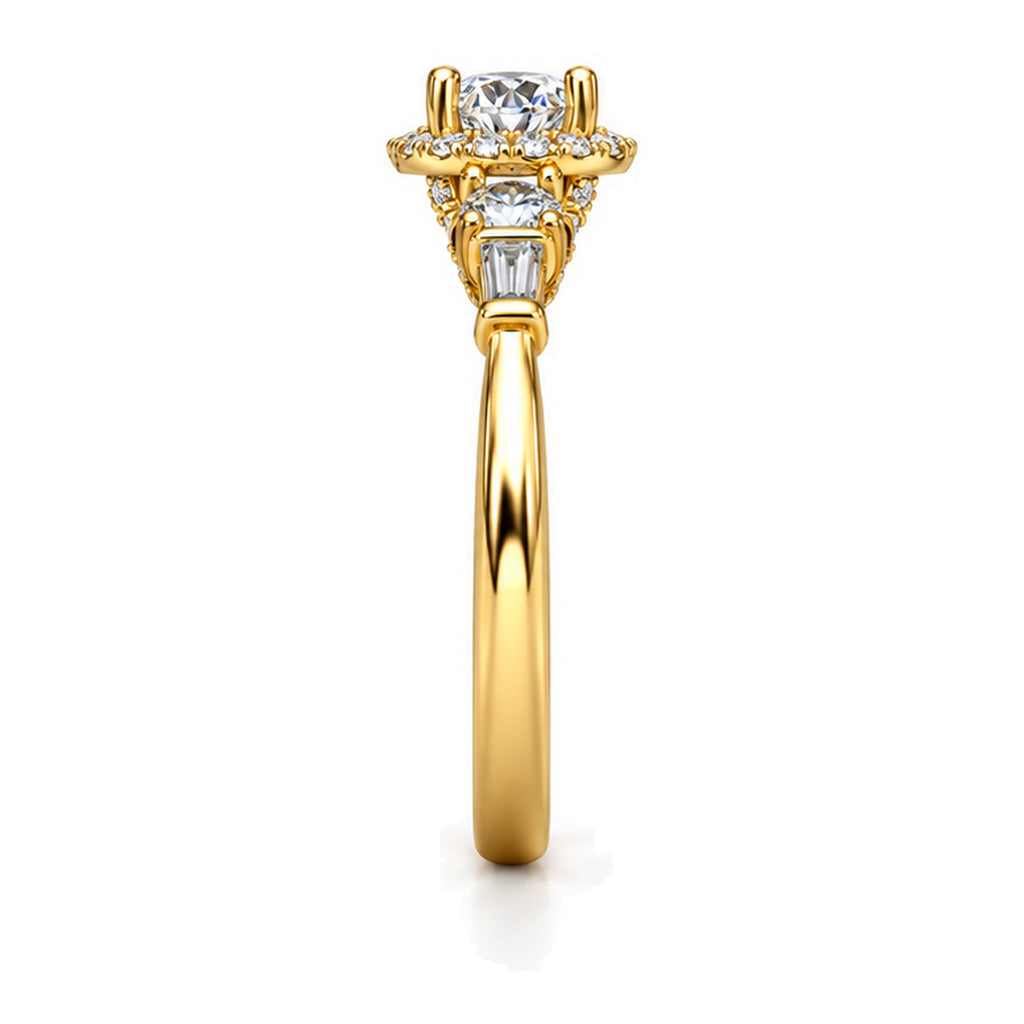 Round Moissanite Halo Three-Stone Engagement Ring with Baguette Accents — 925 Sterling Silver, 18K Gold Plated
