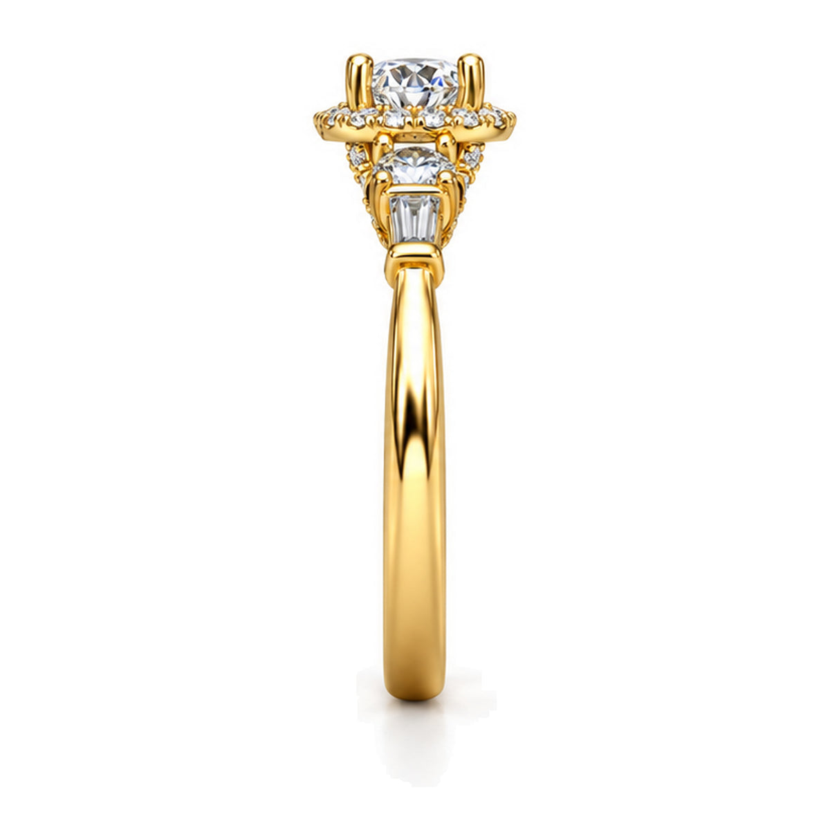 Round Moissanite Halo Three-Stone Engagement Ring with Baguette Accents — 925 Sterling Silver, 18K Gold Plated