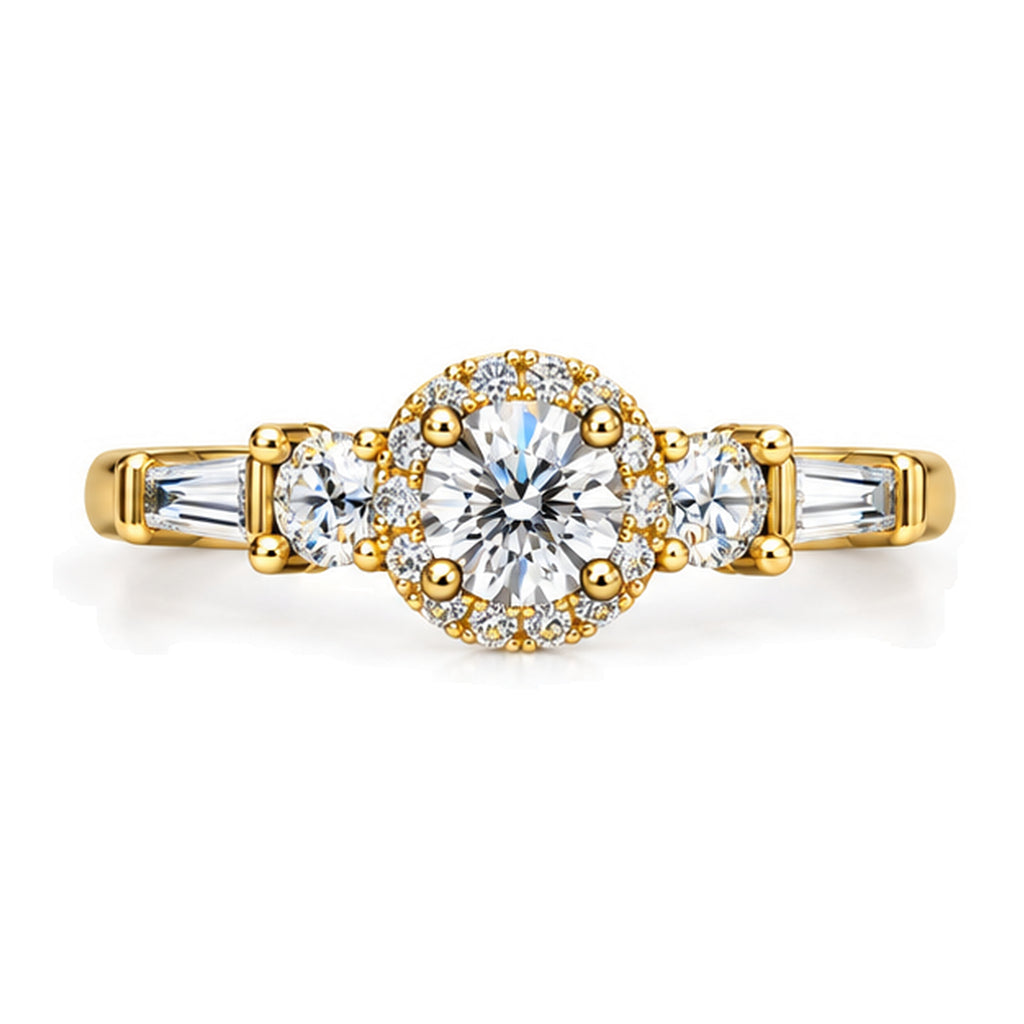 Round Moissanite Halo Three-Stone Engagement Ring with Baguette Accents — 925 Sterling Silver, 18K Gold Plated
