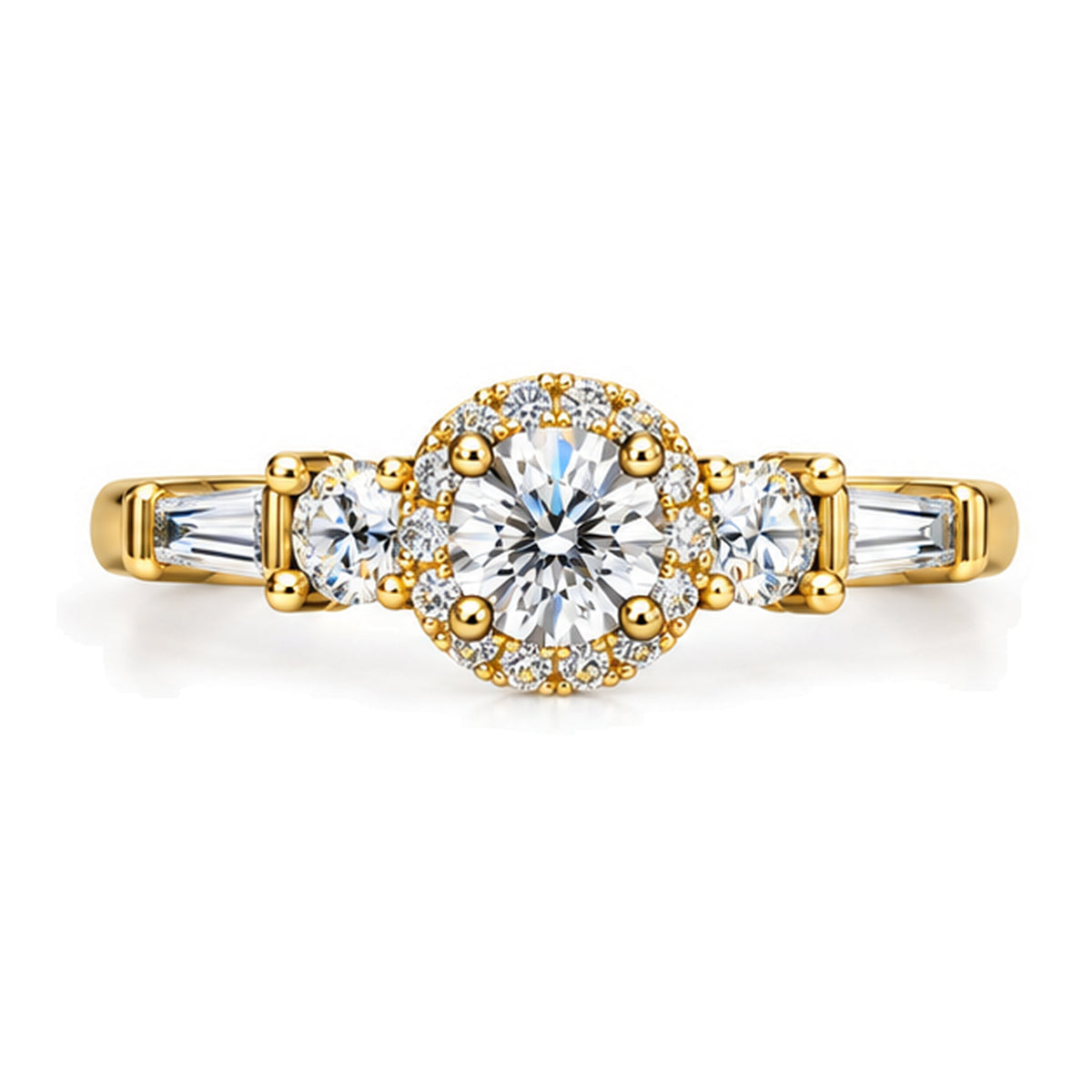 Round Moissanite Halo Three-Stone Engagement Ring with Baguette Accents — 925 Sterling Silver, 18K Gold Plated