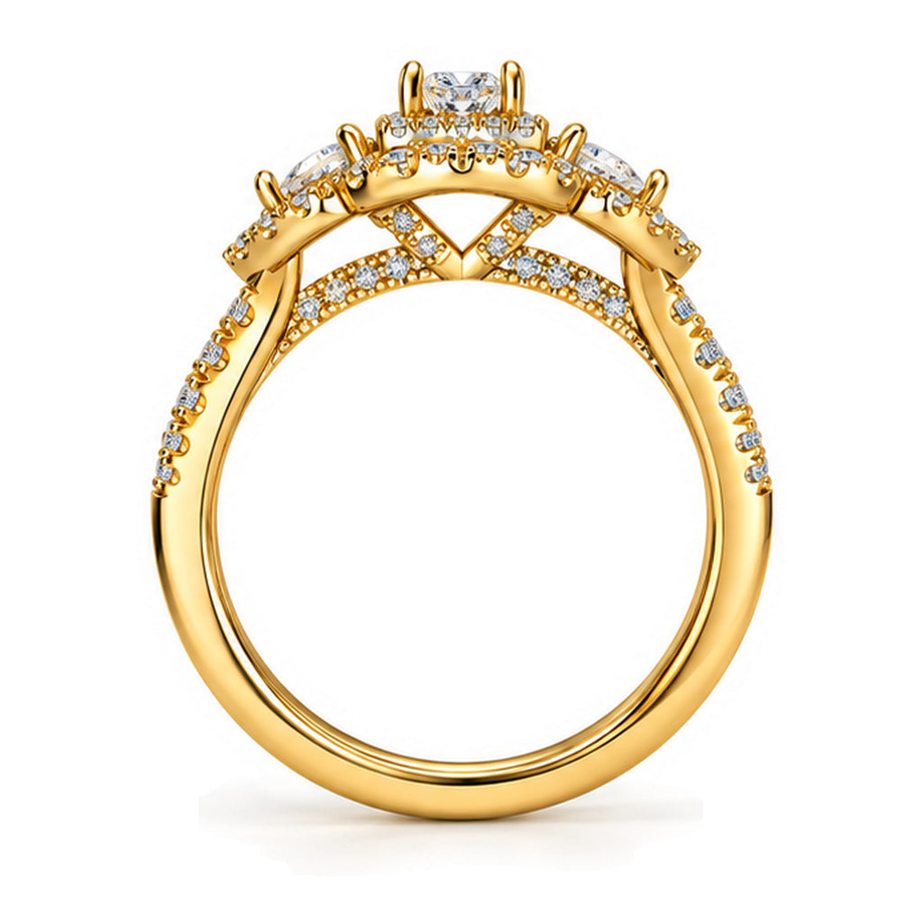 Emerald Cut Moissanite Double Halo Engagement Ring with Pear Side Stones — 925 Sterling Silver, 18K Gold Plated