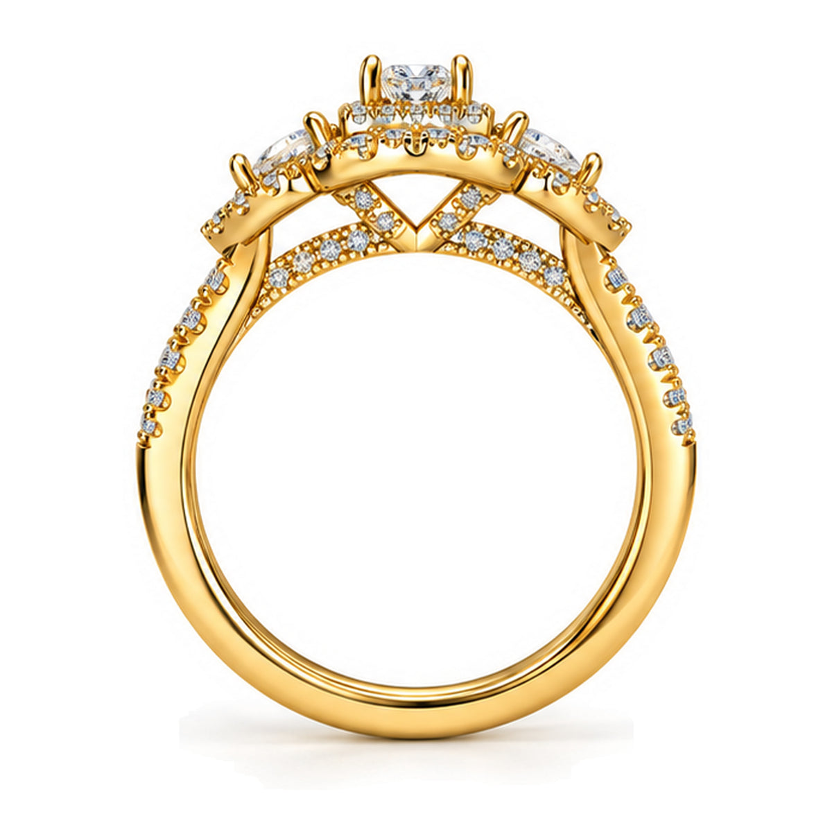 Emerald Cut Moissanite Double Halo Engagement Ring with Pear Side Stones — 925 Sterling Silver, 18K Gold Plated