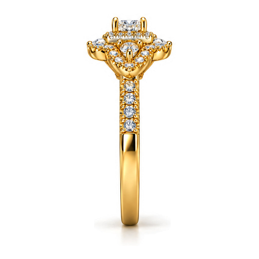 Emerald Cut Moissanite Double Halo Engagement Ring with Pear Side Stones — 925 Sterling Silver, 18K Gold Plated