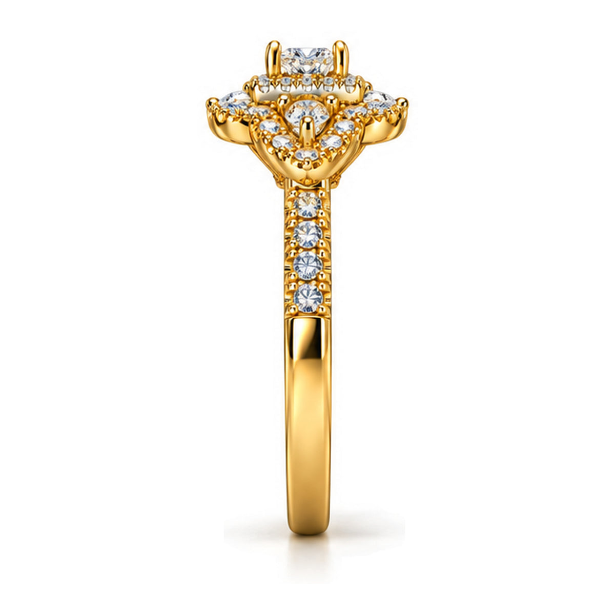 Emerald Cut Moissanite Double Halo Engagement Ring with Pear Side Stones — 925 Sterling Silver, 18K Gold Plated