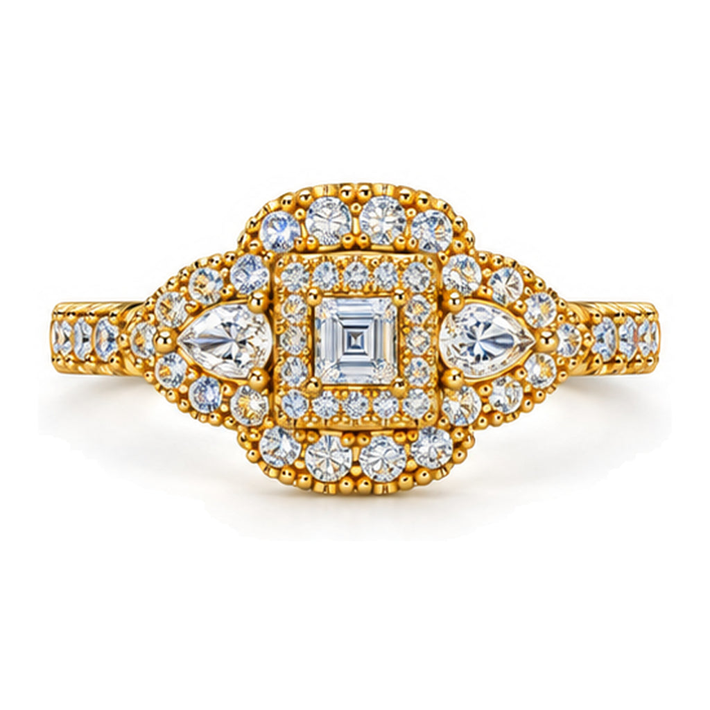 Emerald Cut Moissanite Double Halo Engagement Ring with Pear Side Stones — 925 Sterling Silver, 18K Gold Plated
