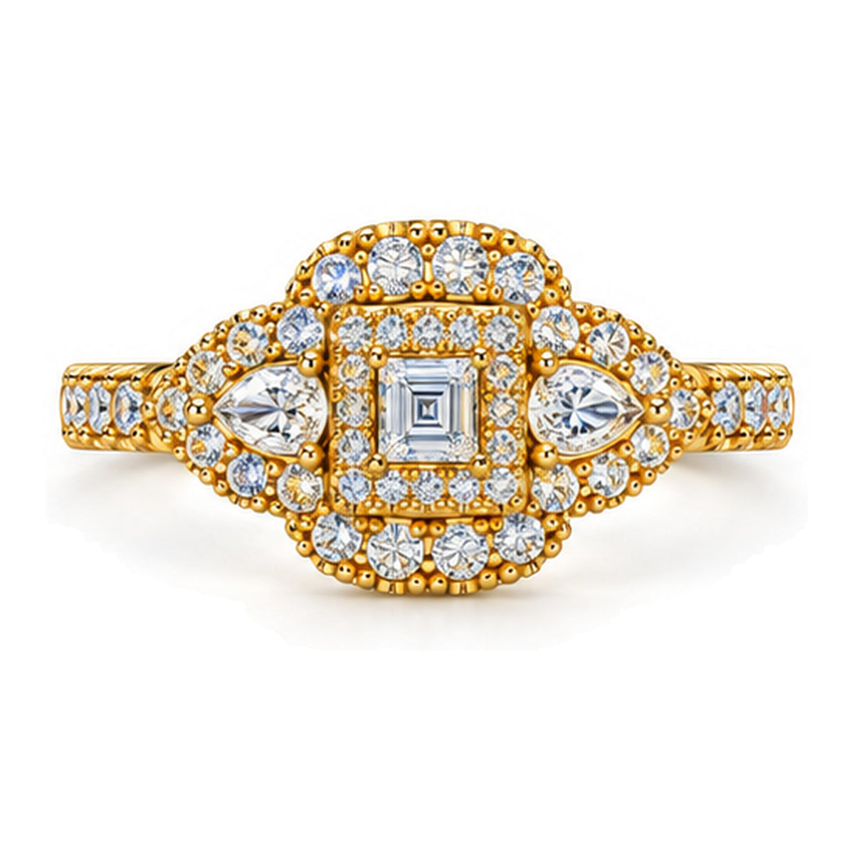 Emerald Cut Moissanite Double Halo Engagement Ring with Pear Side Stones — 925 Sterling Silver, 18K Gold Plated