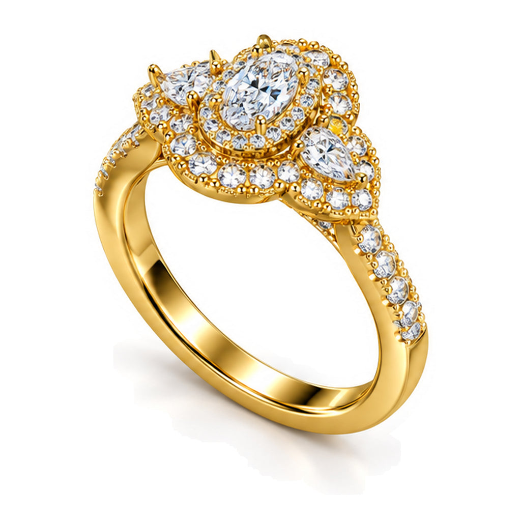 Oval Moissanite Double Halo Engagement Ring with Pear Side Stones — 925 Sterling Silver, 18K Gold Plated