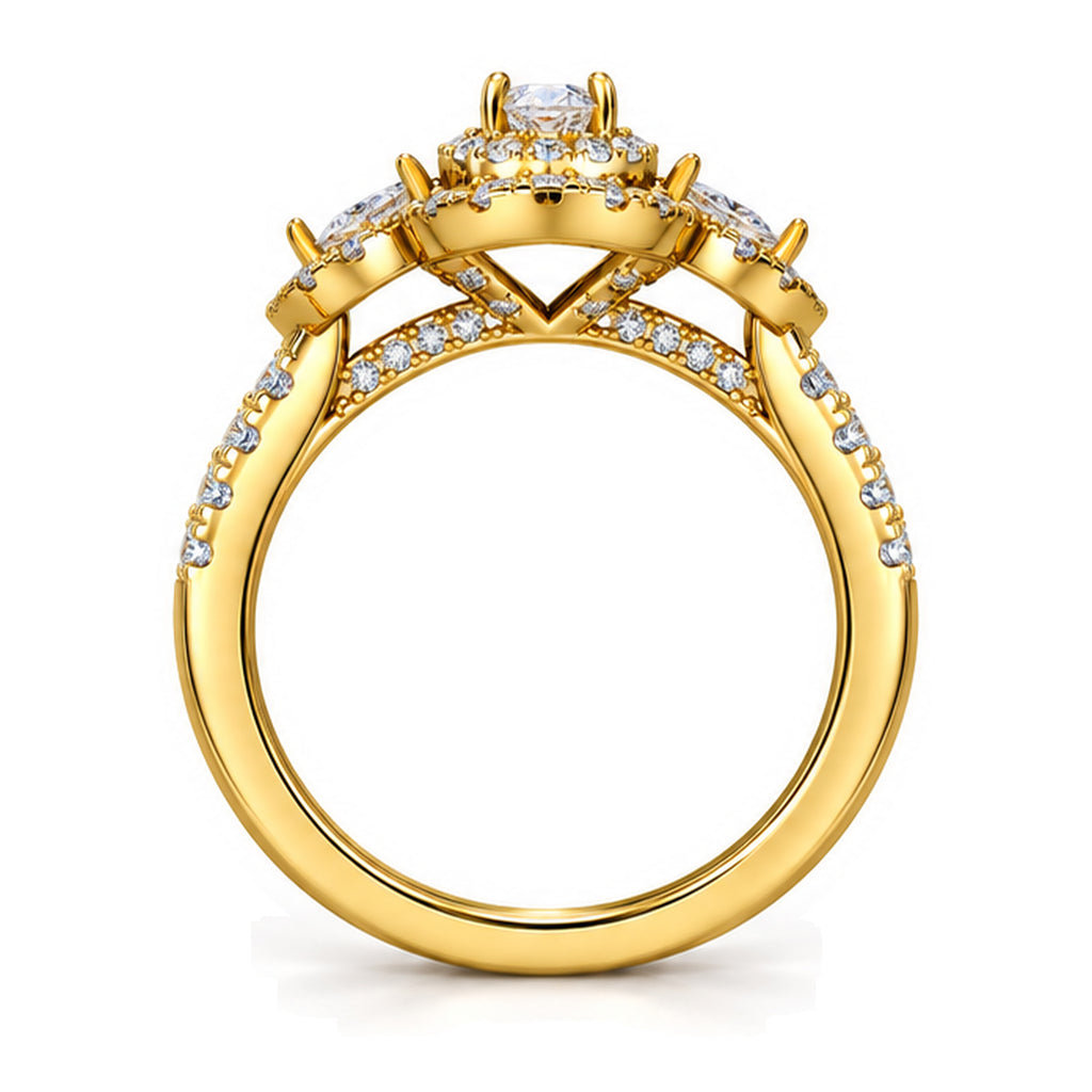 Oval Moissanite Double Halo Engagement Ring with Pear Side Stones — 925 Sterling Silver, 18K Gold Plated