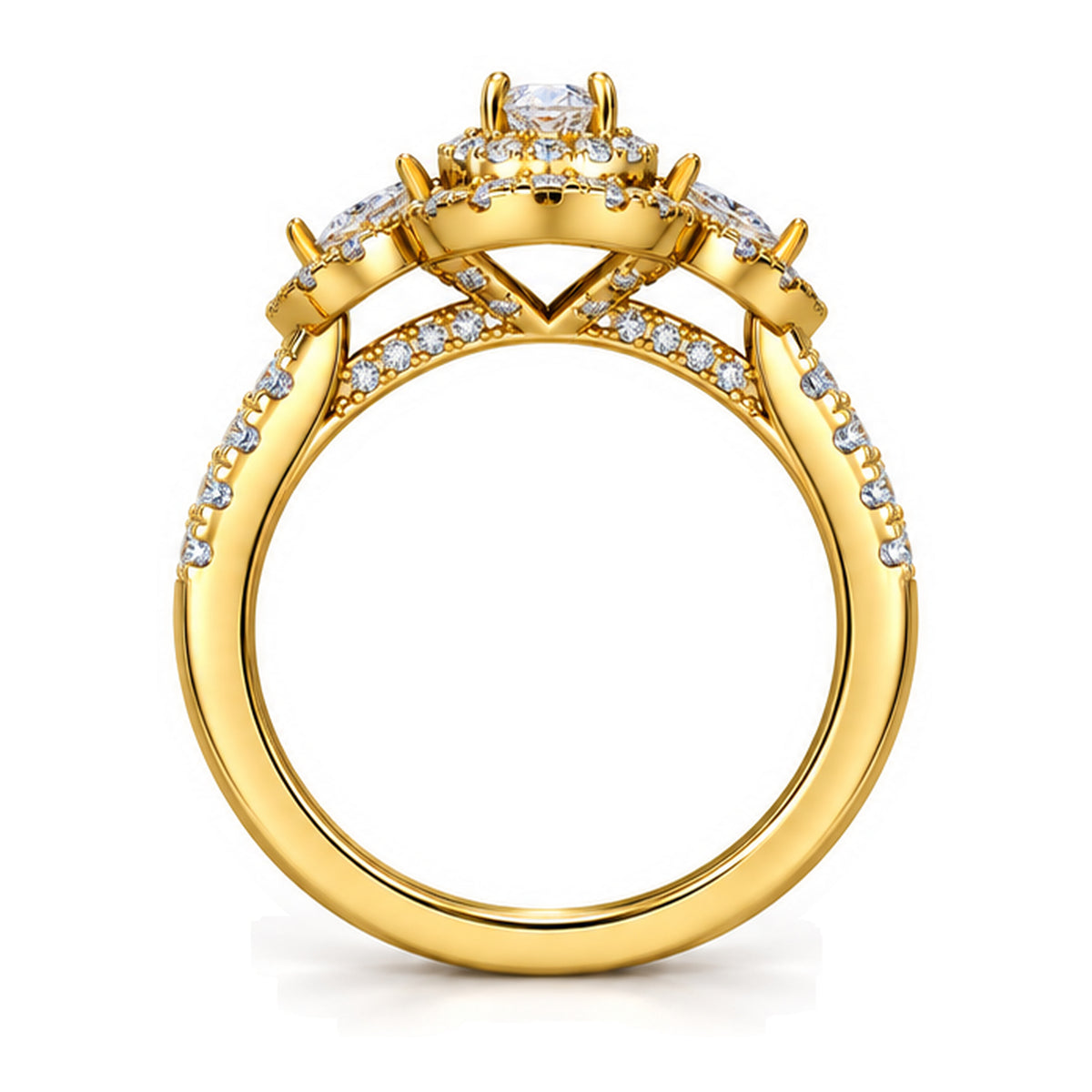 Oval Moissanite Double Halo Engagement Ring with Pear Side Stones — 925 Sterling Silver, 18K Gold Plated