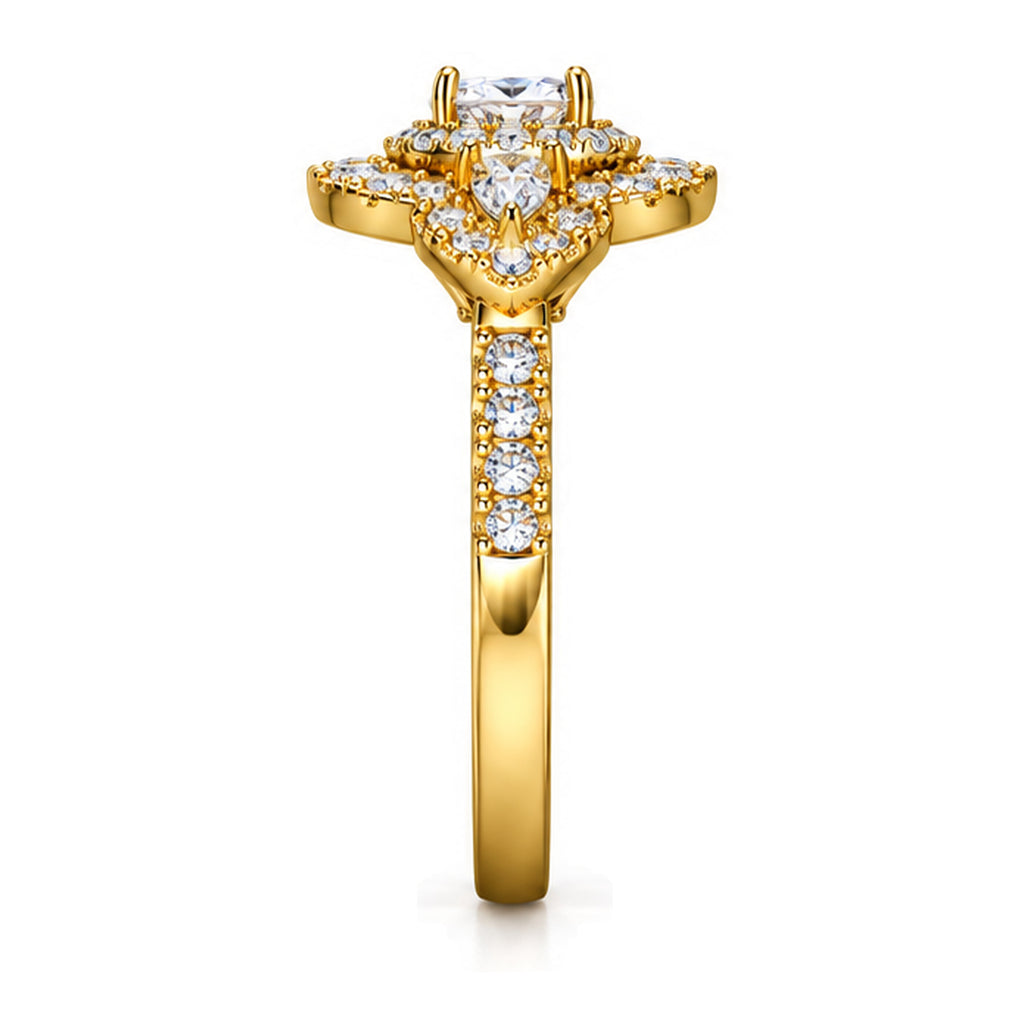 Oval Moissanite Double Halo Engagement Ring with Pear Side Stones — 925 Sterling Silver, 18K Gold Plated