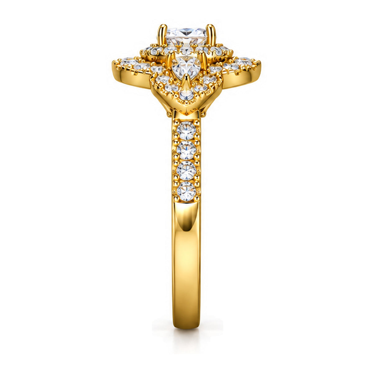 Oval Moissanite Double Halo Engagement Ring with Pear Side Stones — 925 Sterling Silver, 18K Gold Plated