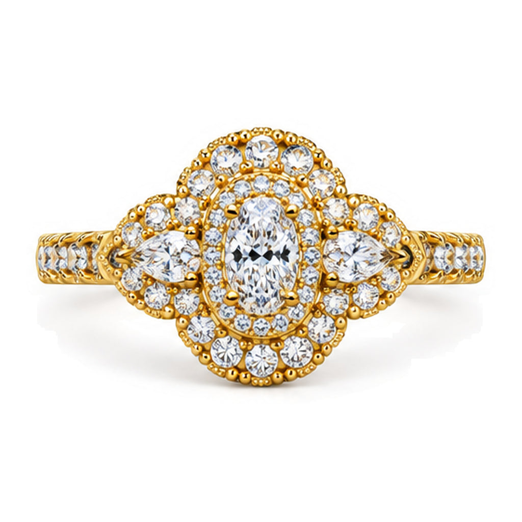 Oval Moissanite Double Halo Engagement Ring with Pear Side Stones — 925 Sterling Silver, 18K Gold Plated