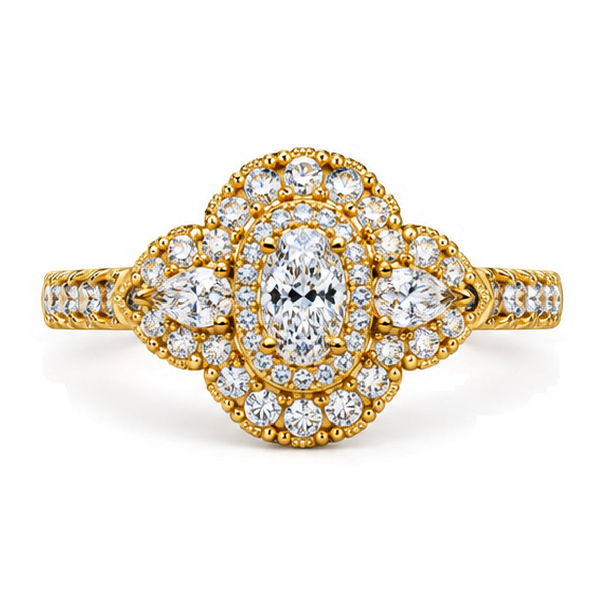 Oval Moissanite Double Halo Engagement Ring with Pear Side Stones — 925 Sterling Silver, 18K Gold Plated