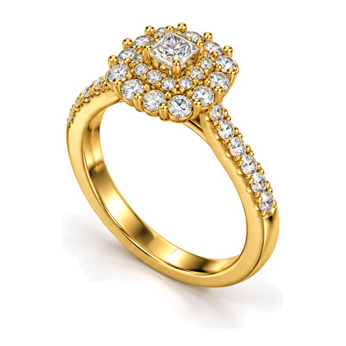 Princess Cut Moissanite Floral Halo Engagement Ring with Pavé Band — 925 Sterling Silver, 18K Gold Plated