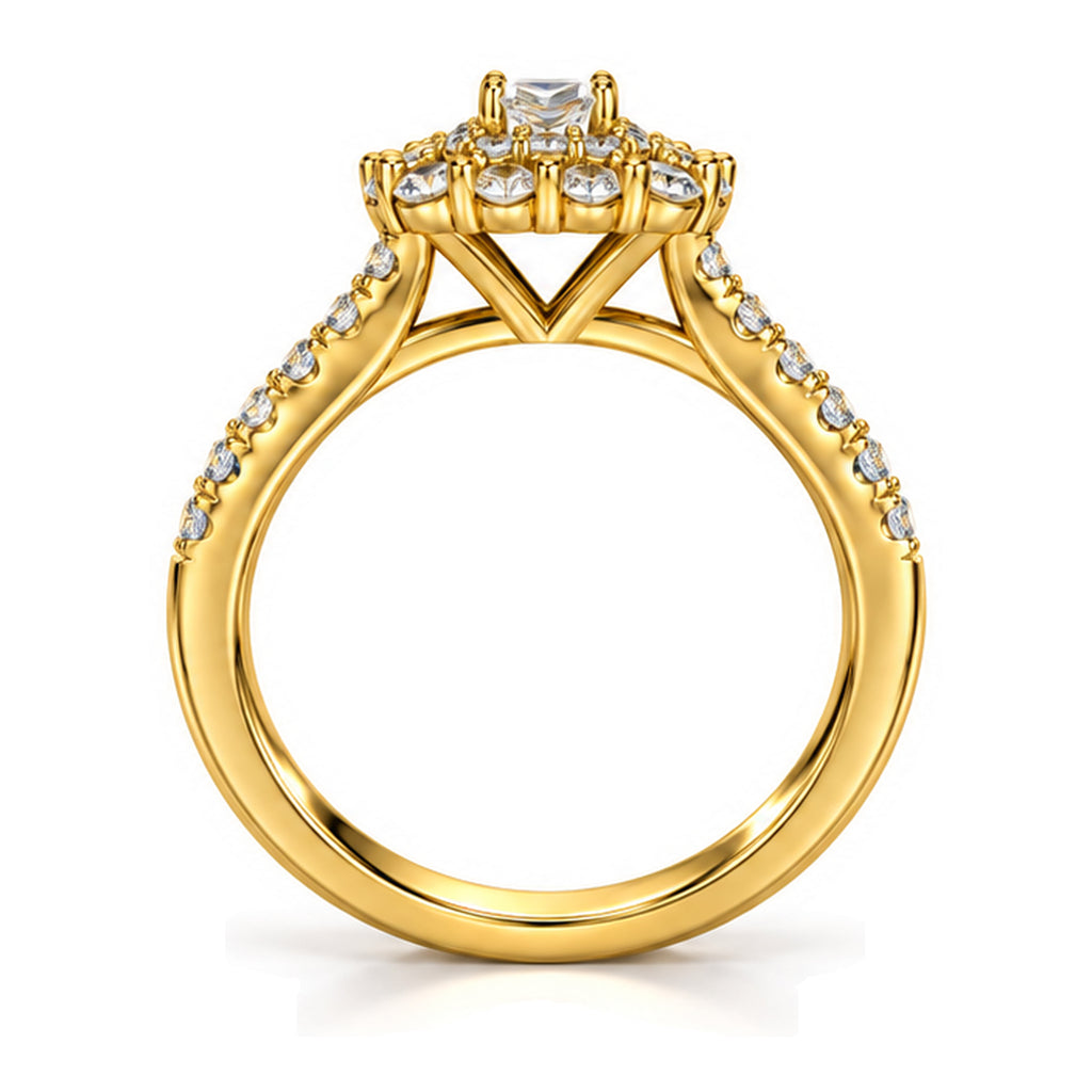 Princess Cut Moissanite Floral Halo Engagement Ring with Pavé Band — 925 Sterling Silver, 18K Gold Plated