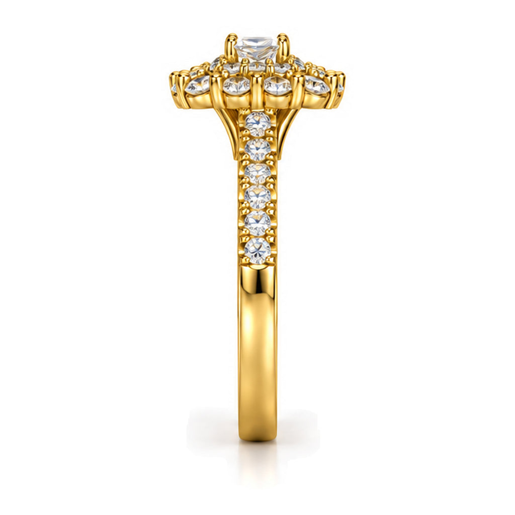Princess Cut Moissanite Floral Halo Engagement Ring with Pavé Band — 925 Sterling Silver, 18K Gold Plated
