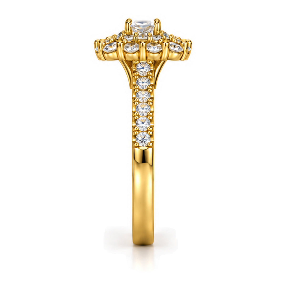 Princess Cut Moissanite Floral Halo Engagement Ring with Pavé Band — 925 Sterling Silver, 18K Gold Plated