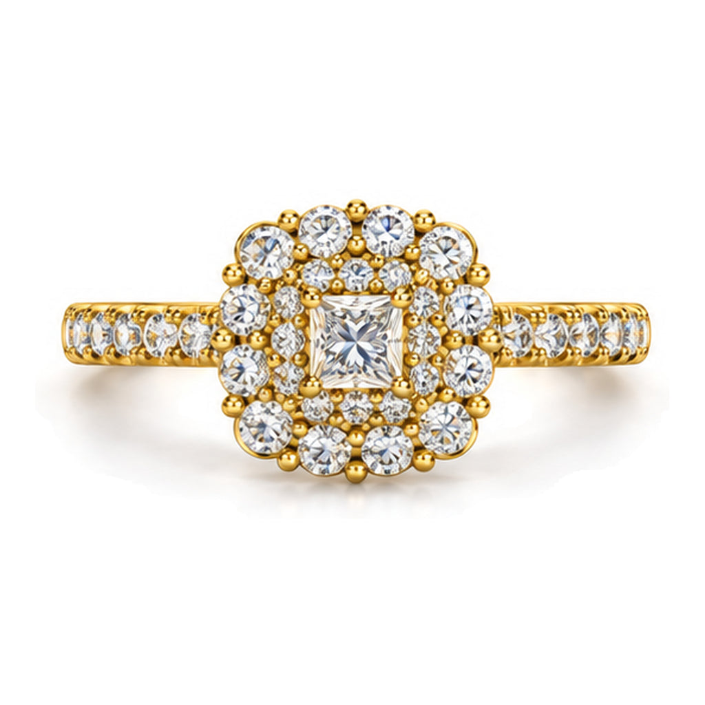 Princess Cut Moissanite Floral Halo Engagement Ring with Pavé Band — 925 Sterling Silver, 18K Gold Plated