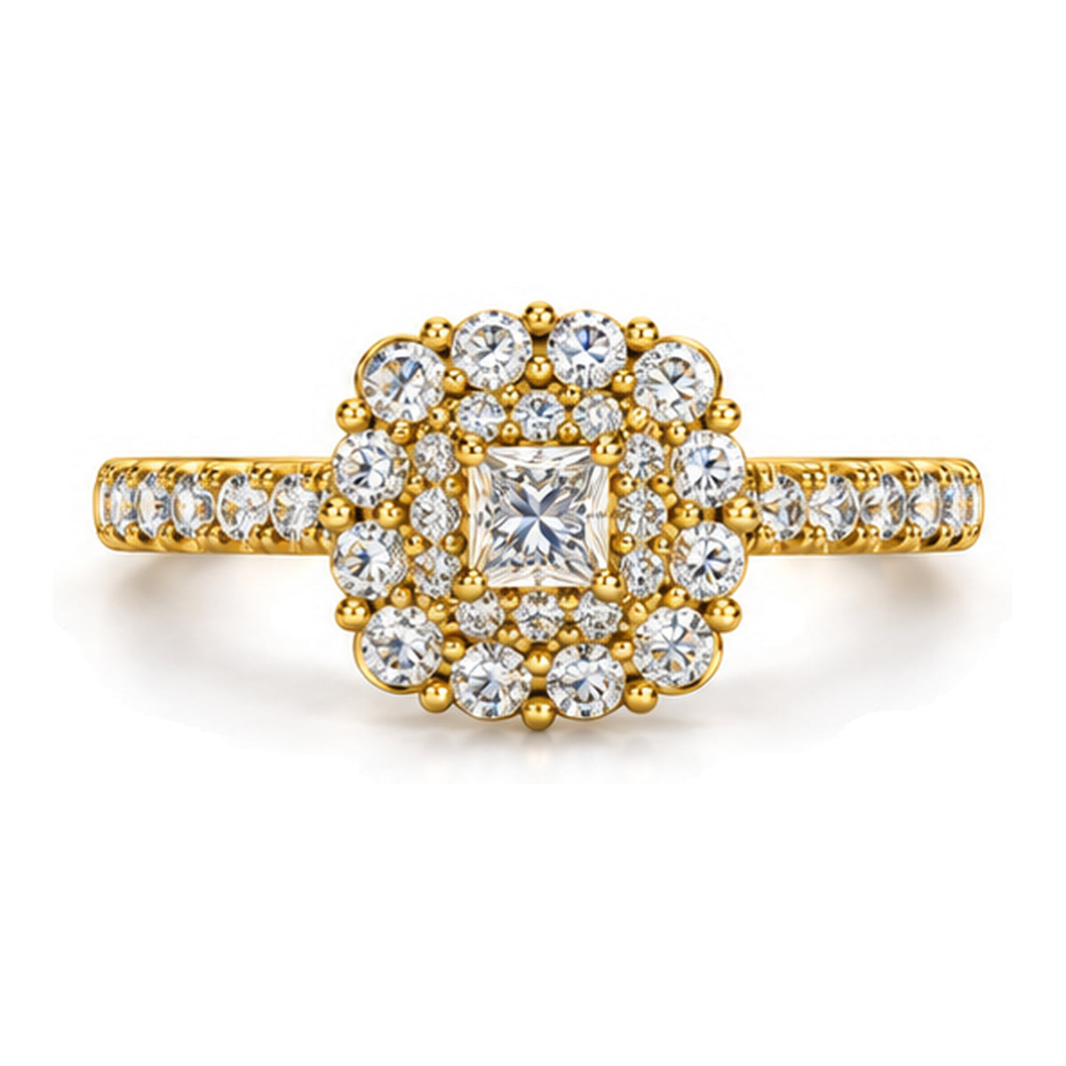 Princess Cut Moissanite Floral Halo Engagement Ring with Pavé Band — 925 Sterling Silver, 18K Gold Plated