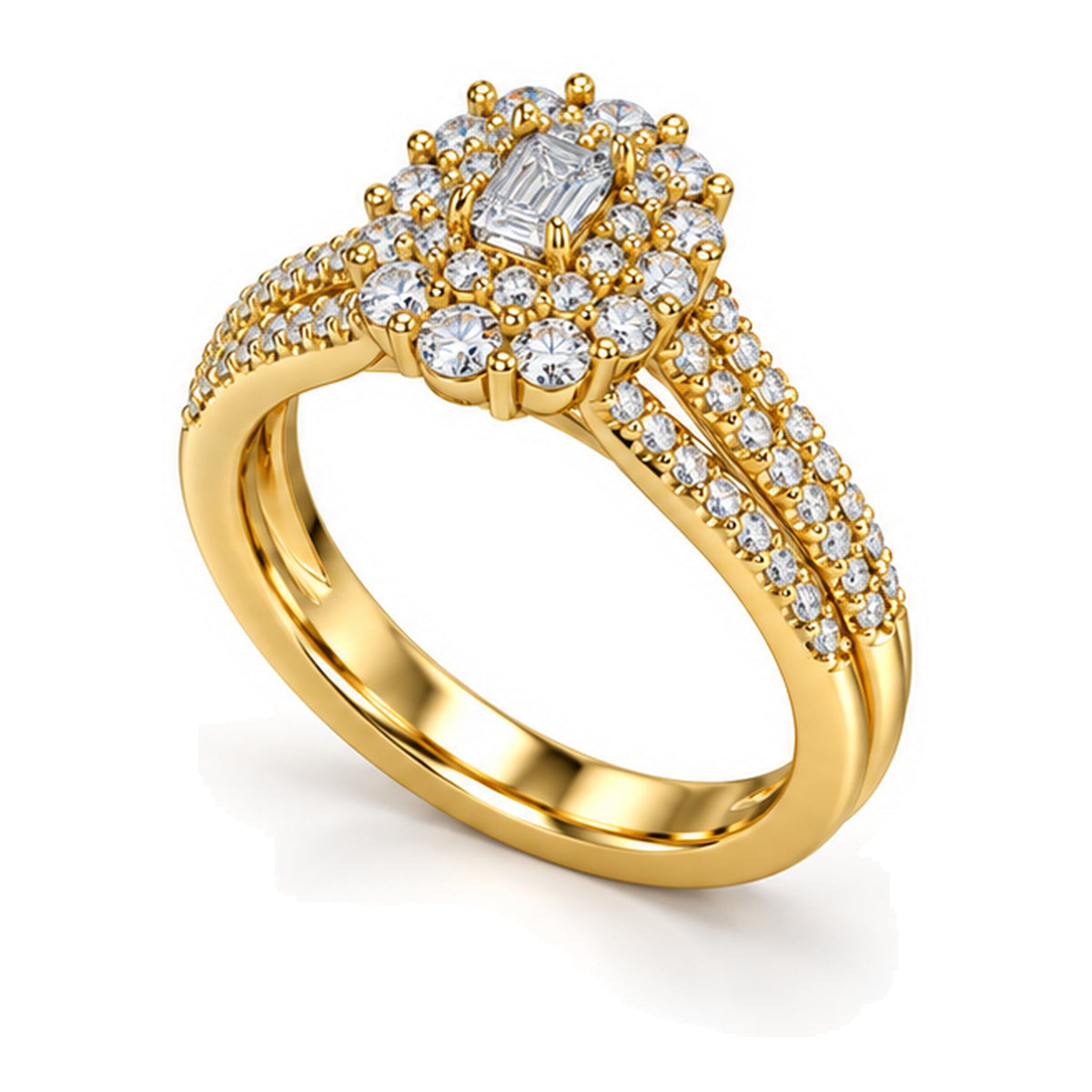 Emerald Cut Moissanite Floral Halo Split Shank Engagement Ring — 925 Sterling Silver, 18K Gold Plated