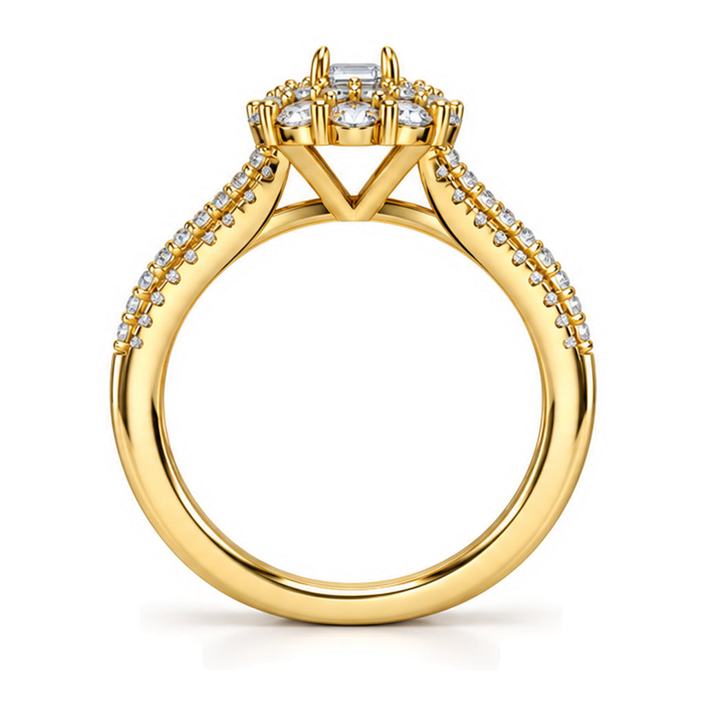 Emerald Cut Moissanite Floral Halo Split Shank Engagement Ring — 925 Sterling Silver, 18K Gold Plated