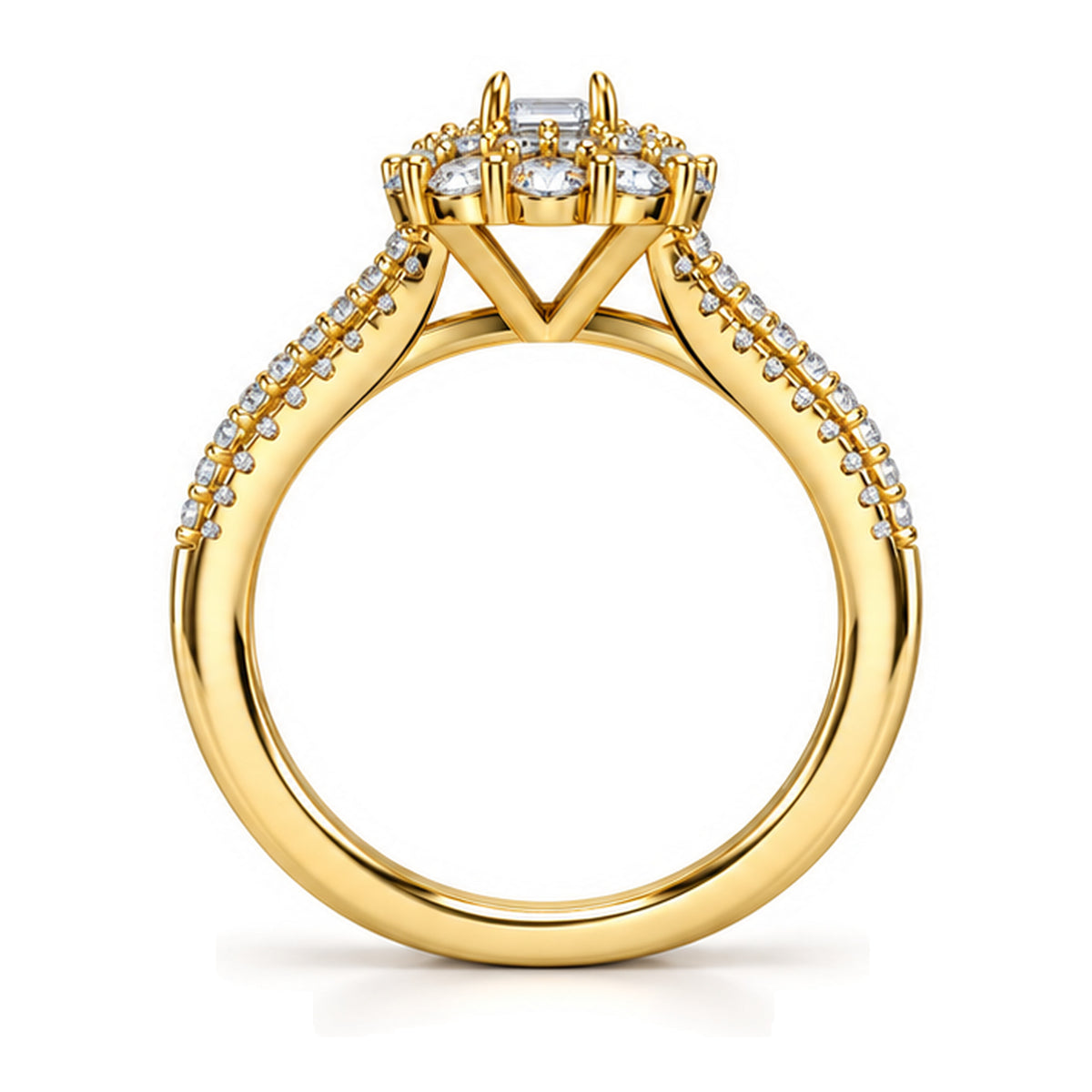 Emerald Cut Moissanite Floral Halo Split Shank Engagement Ring — 925 Sterling Silver, 18K Gold Plated