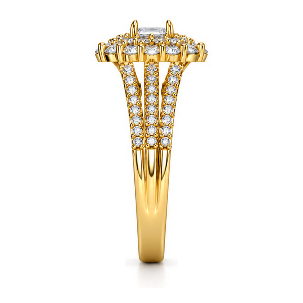 Emerald Cut Moissanite Floral Halo Split Shank Engagement Ring — 925 Sterling Silver, 18K Gold Plated
