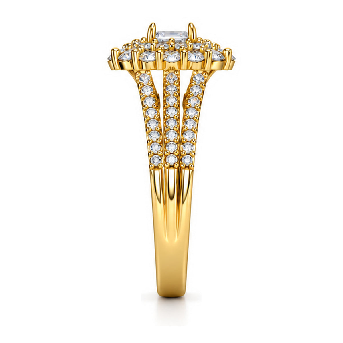 Emerald Cut Moissanite Floral Halo Split Shank Engagement Ring — 925 Sterling Silver, 18K Gold Plated