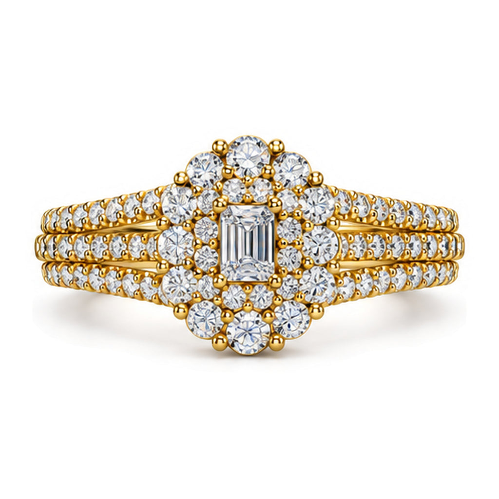 Emerald Cut Moissanite Floral Halo Split Shank Engagement Ring — 925 Sterling Silver, 18K Gold Plated