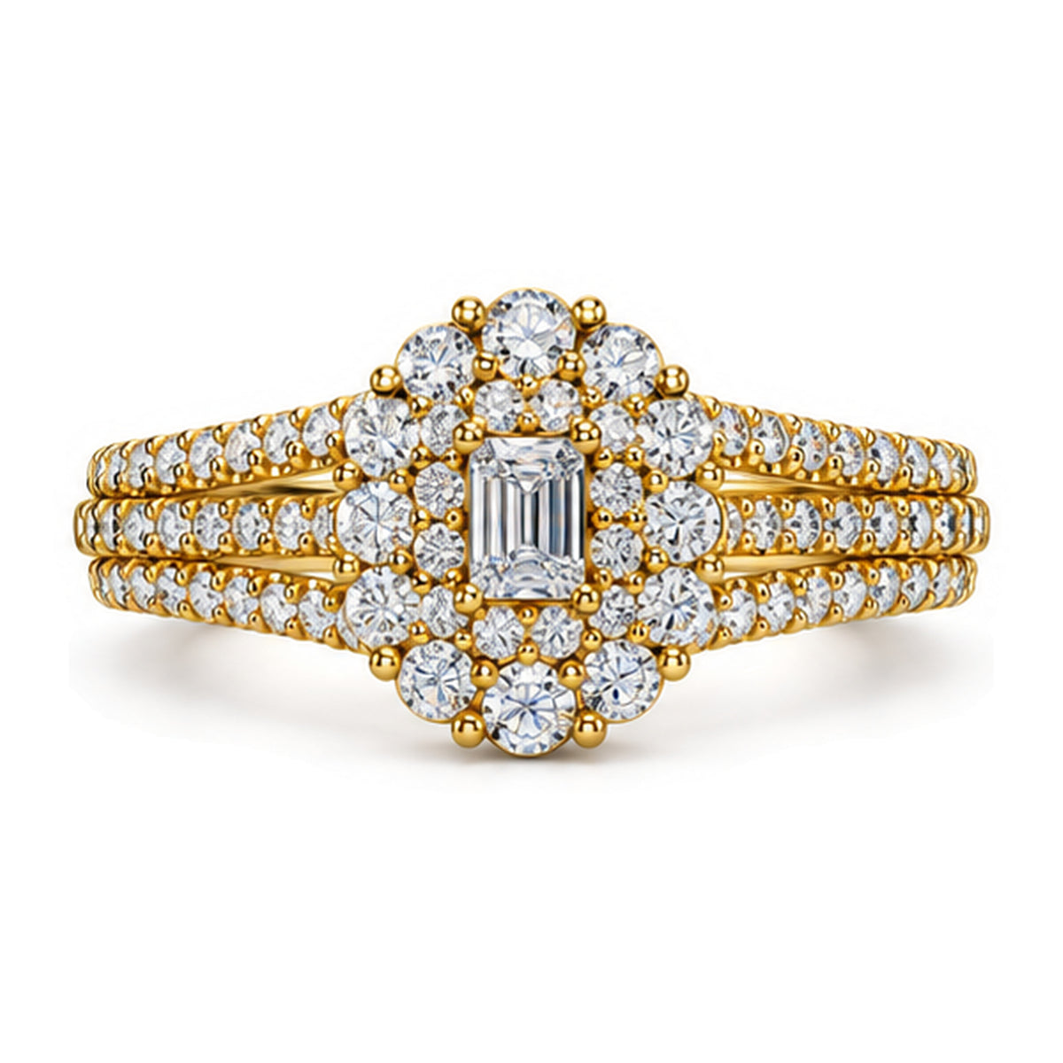 Emerald Cut Moissanite Floral Halo Split Shank Engagement Ring — 925 Sterling Silver, 18K Gold Plated