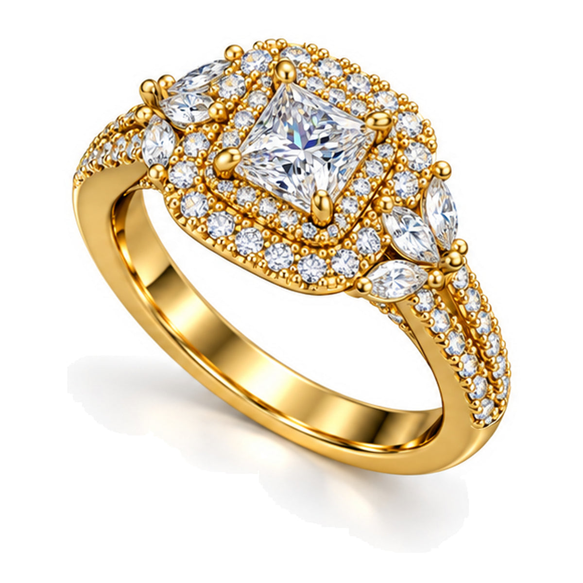 Princess Cut Moissanite Double Halo Engagement Ring with Marquise Accents — 925 Sterling Silver, 18K Gold Plated