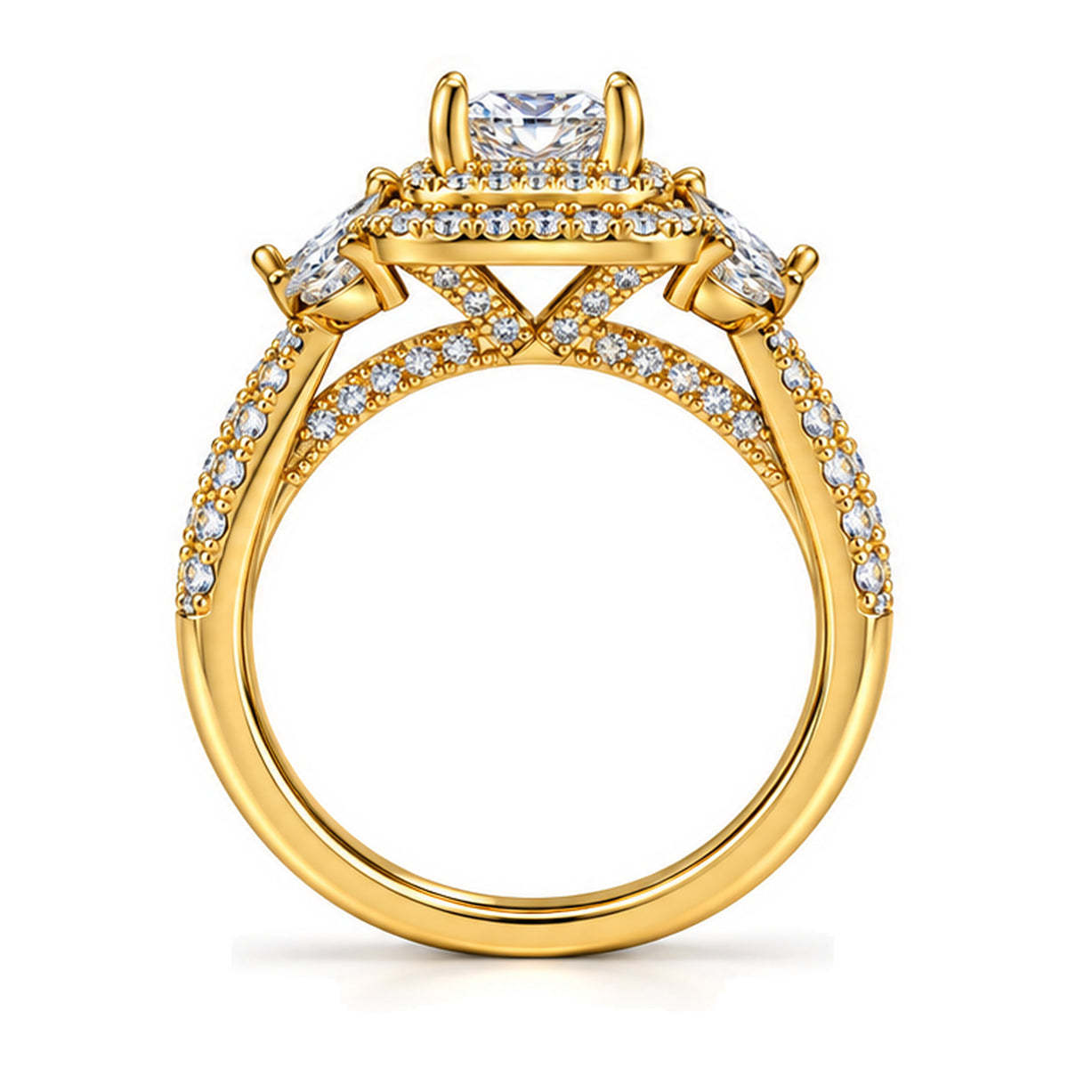 Princess Cut Moissanite Double Halo Engagement Ring with Marquise Accents — 925 Sterling Silver, 18K Gold Plated