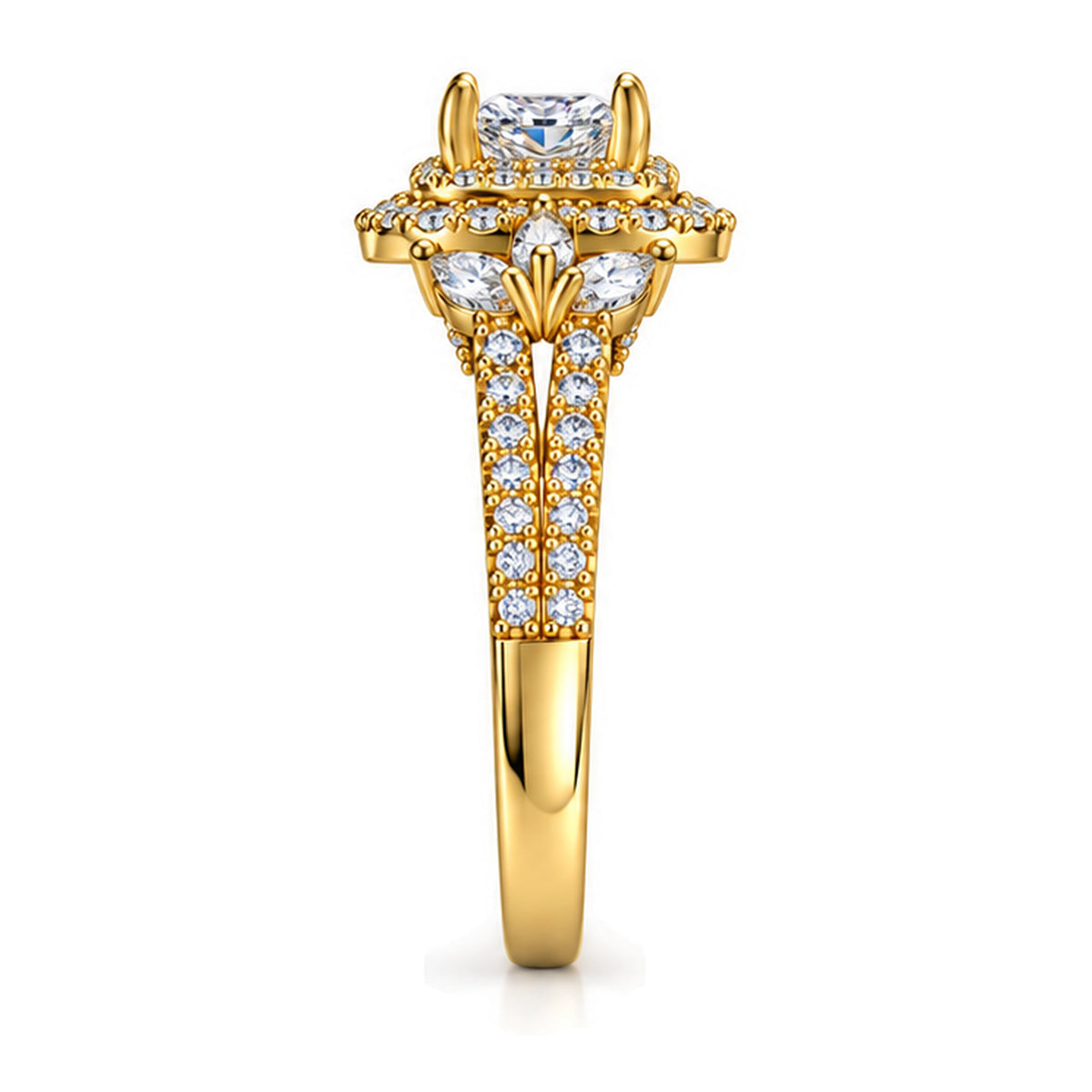 Princess Cut Moissanite Double Halo Engagement Ring with Marquise Accents — 925 Sterling Silver, 18K Gold Plated
