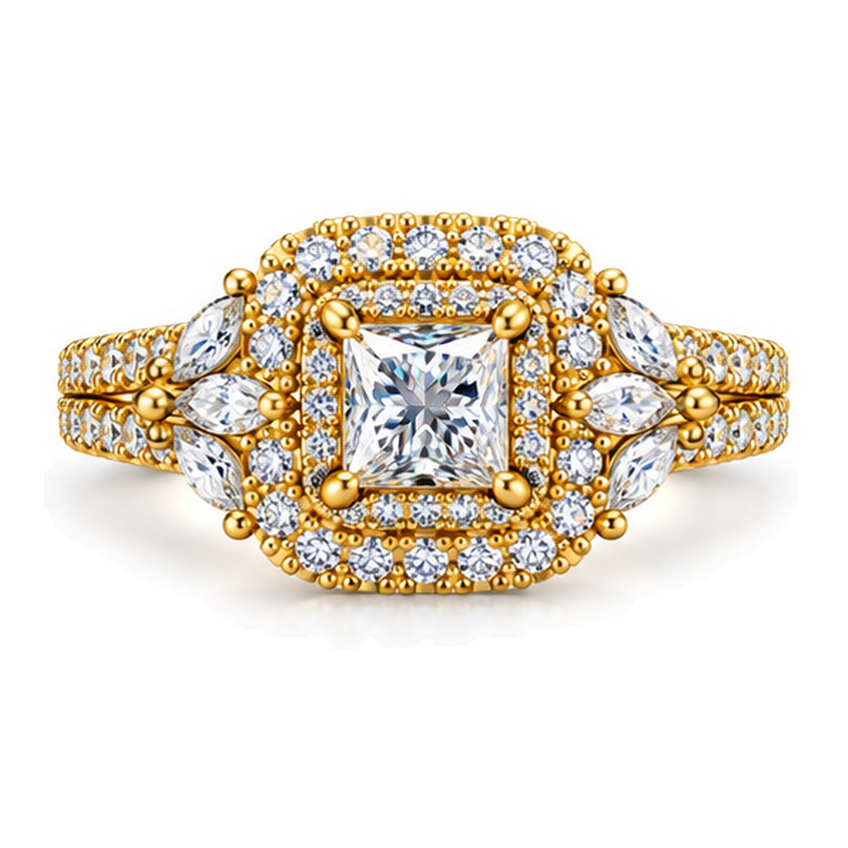 Princess Cut Moissanite Double Halo Engagement Ring with Marquise Accents — 925 Sterling Silver, 18K Gold Plated