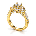 Princess Cut Moissanite Double Halo Engagement Ring with Marquise Side Stones — 925 Sterling Silver, 18K Gold Plated