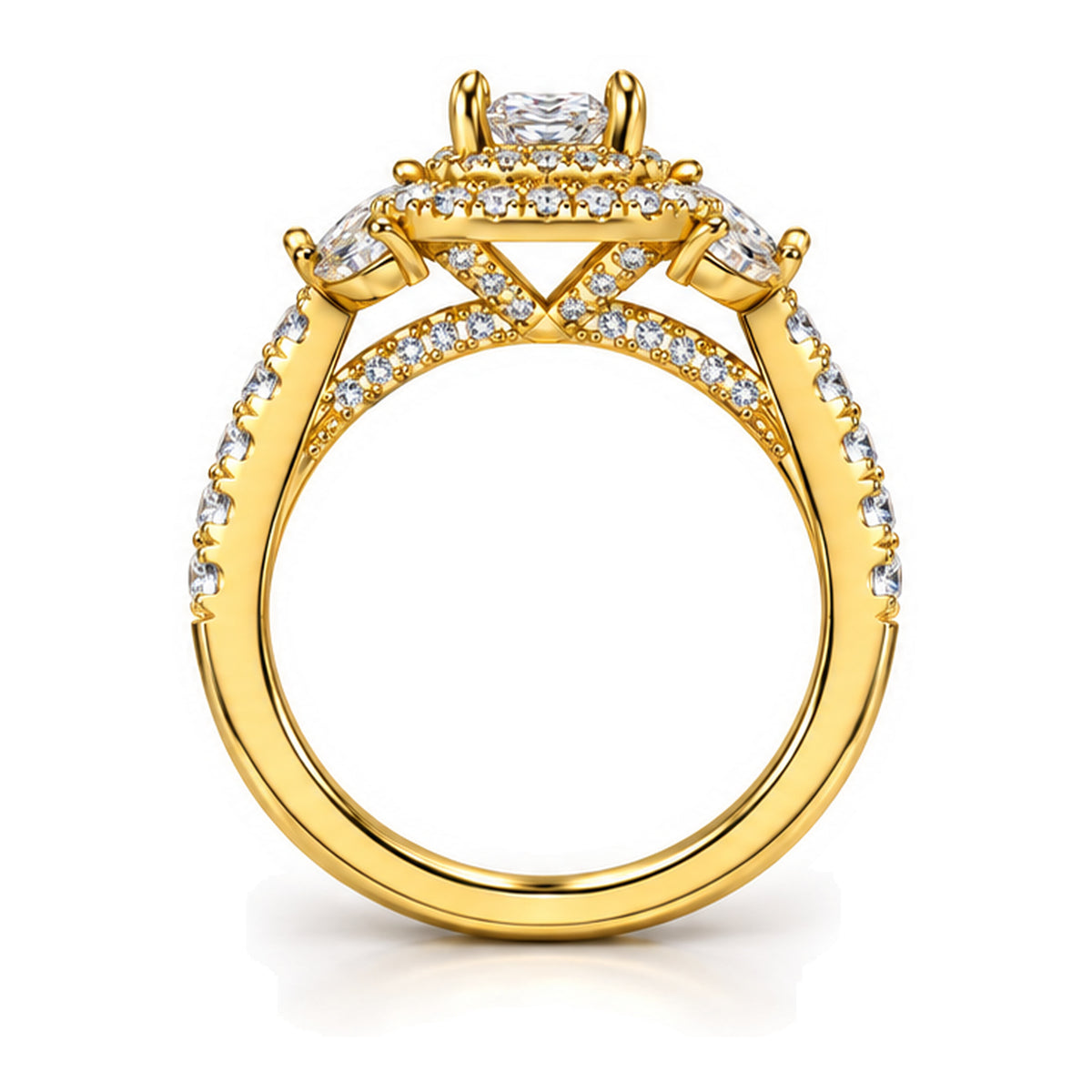 Princess Cut Moissanite Double Halo Engagement Ring with Marquise Side Stones — 925 Sterling Silver, 18K Gold Plated