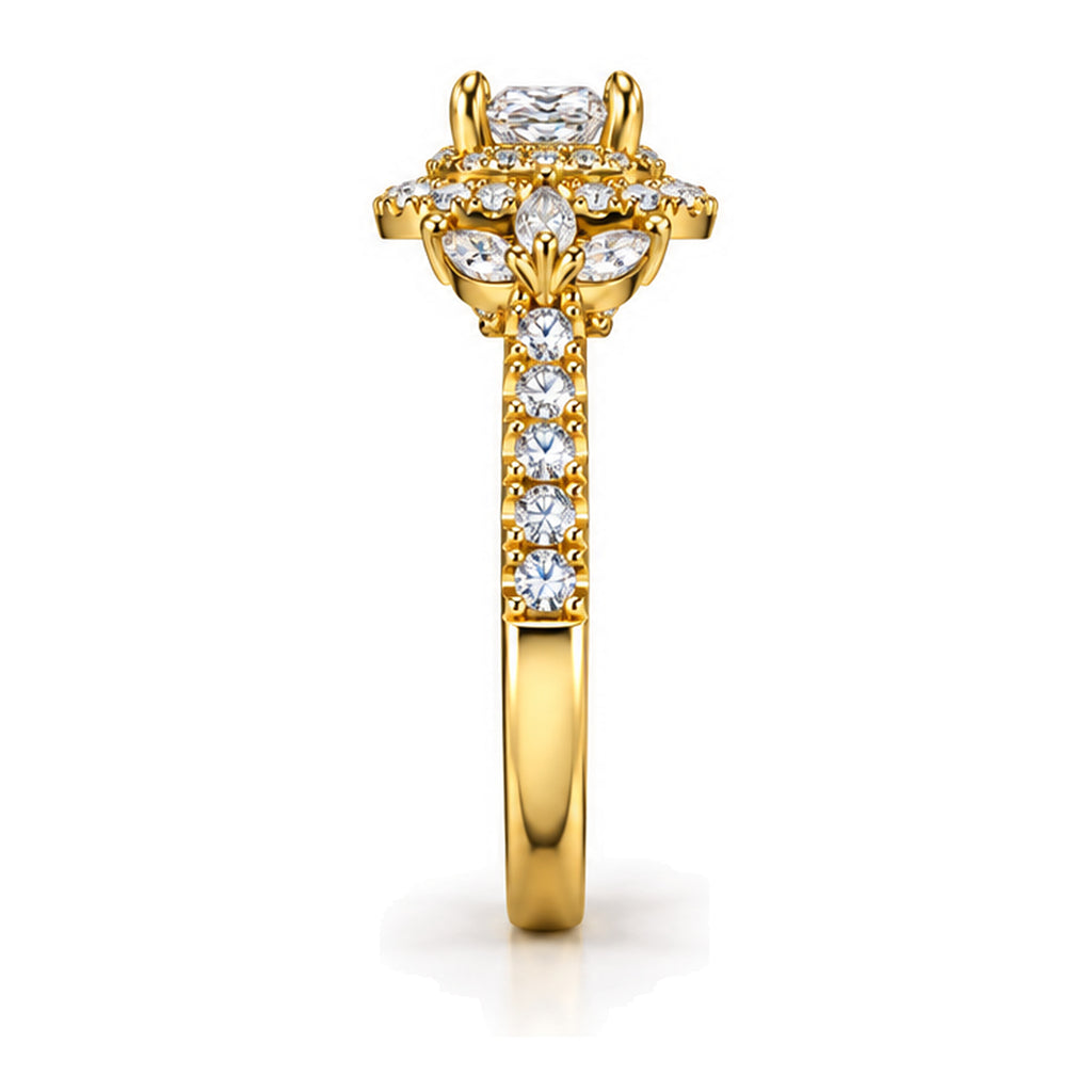 Princess Cut Moissanite Double Halo Engagement Ring with Marquise Side Stones — 925 Sterling Silver, 18K Gold Plated