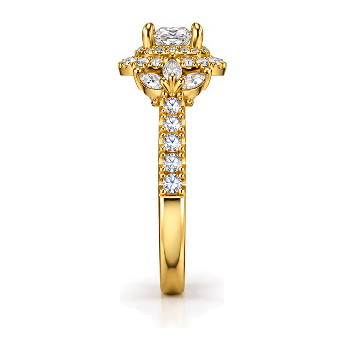 Princess Cut Moissanite Double Halo Engagement Ring with Marquise Side Stones — 925 Sterling Silver, 18K Gold Plated