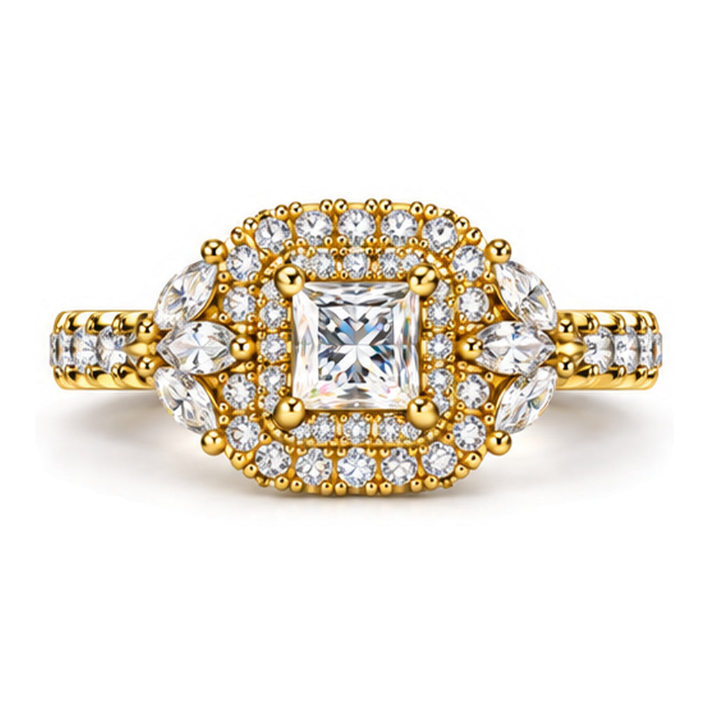 Princess Cut Moissanite Double Halo Engagement Ring with Marquise Side Stones — 925 Sterling Silver, 18K Gold Plated