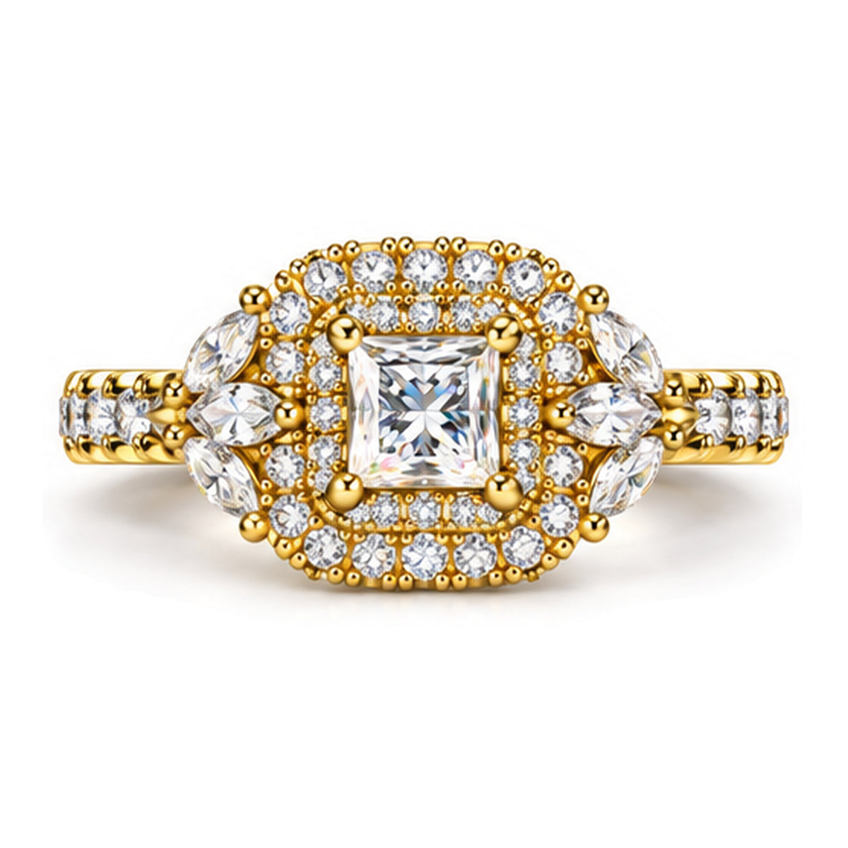 Princess Cut Moissanite Double Halo Engagement Ring with Marquise Side Stones — 925 Sterling Silver, 18K Gold Plated