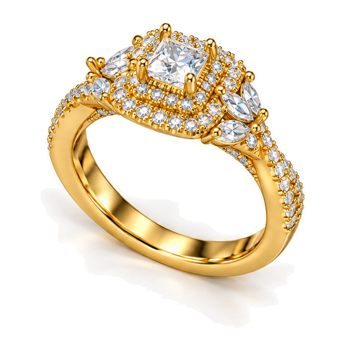 Princess Cut Moissanite Double Halo Marquise Accent Engagement Ring — 925 Sterling Silver, 18K Gold Plated