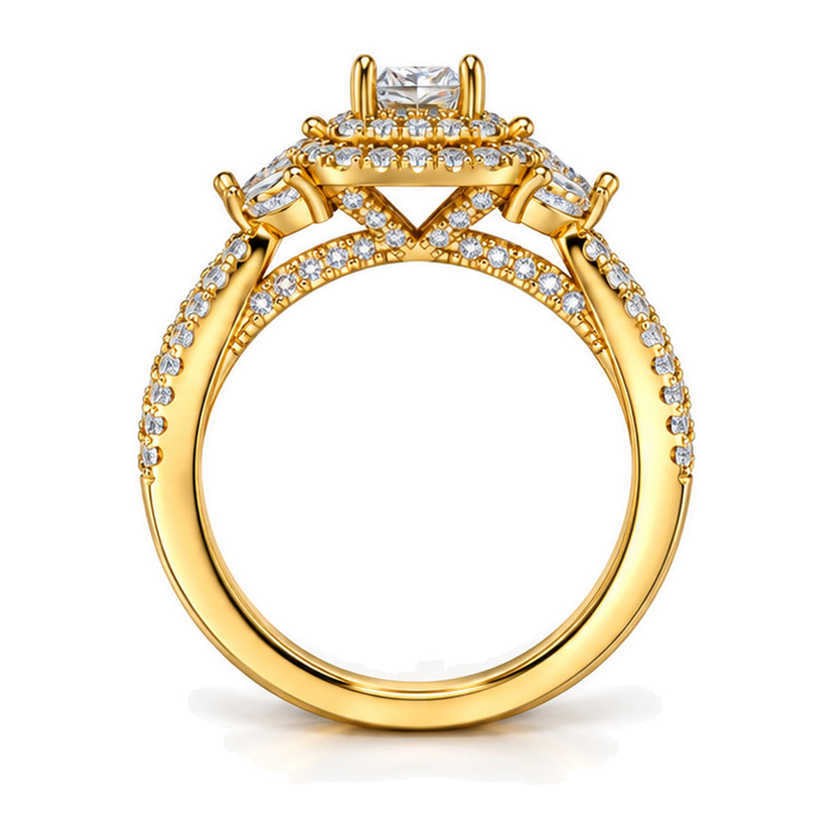 Princess Cut Moissanite Double Halo Marquise Accent Engagement Ring — 925 Sterling Silver, 18K Gold Plated