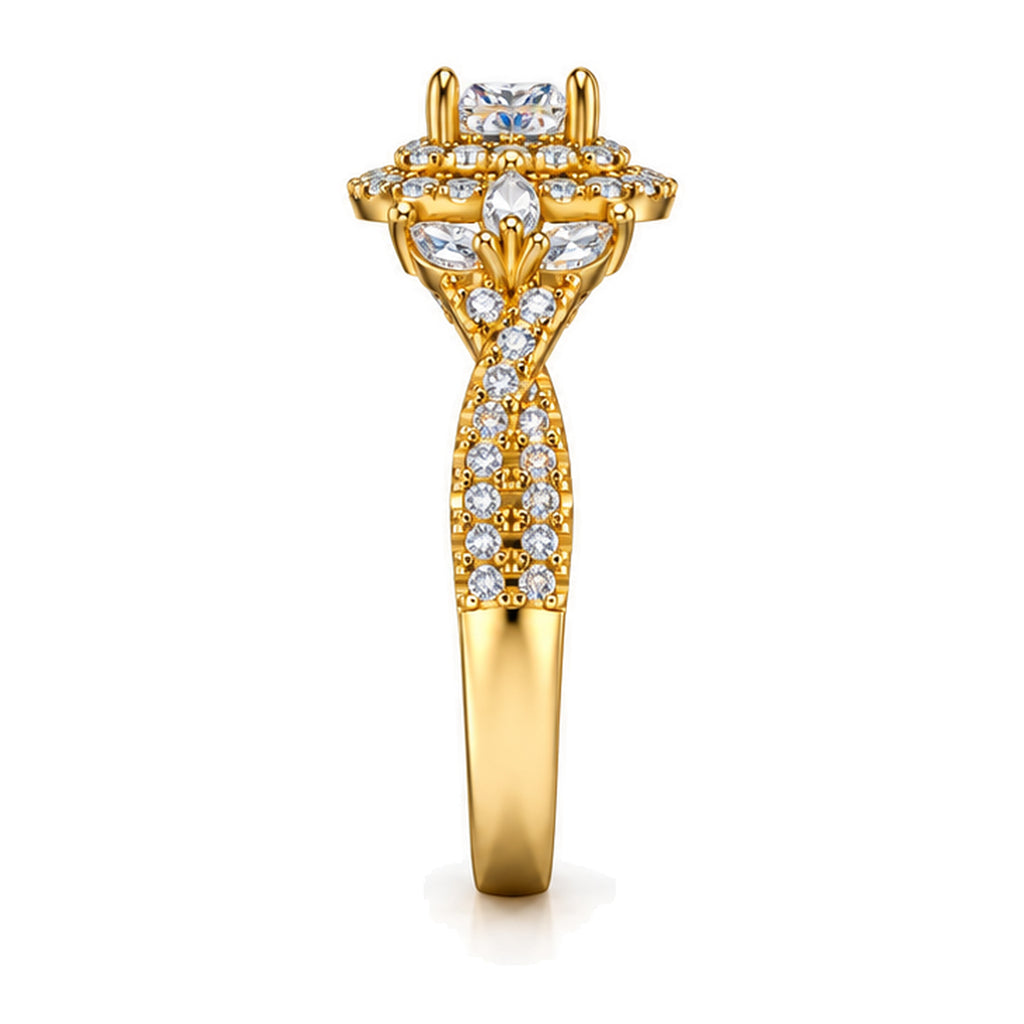 Princess Cut Moissanite Double Halo Marquise Accent Engagement Ring — 925 Sterling Silver, 18K Gold Plated