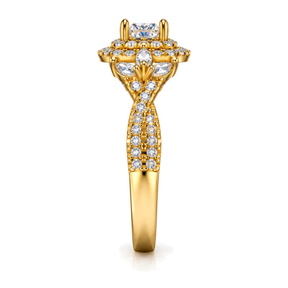 Princess Cut Moissanite Double Halo Marquise Accent Engagement Ring — 925 Sterling Silver, 18K Gold Plated