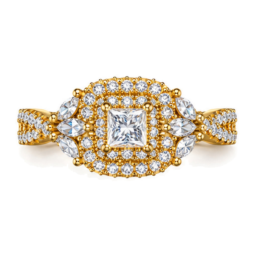 Princess Cut Moissanite Double Halo Marquise Accent Engagement Ring — 925 Sterling Silver, 18K Gold Plated