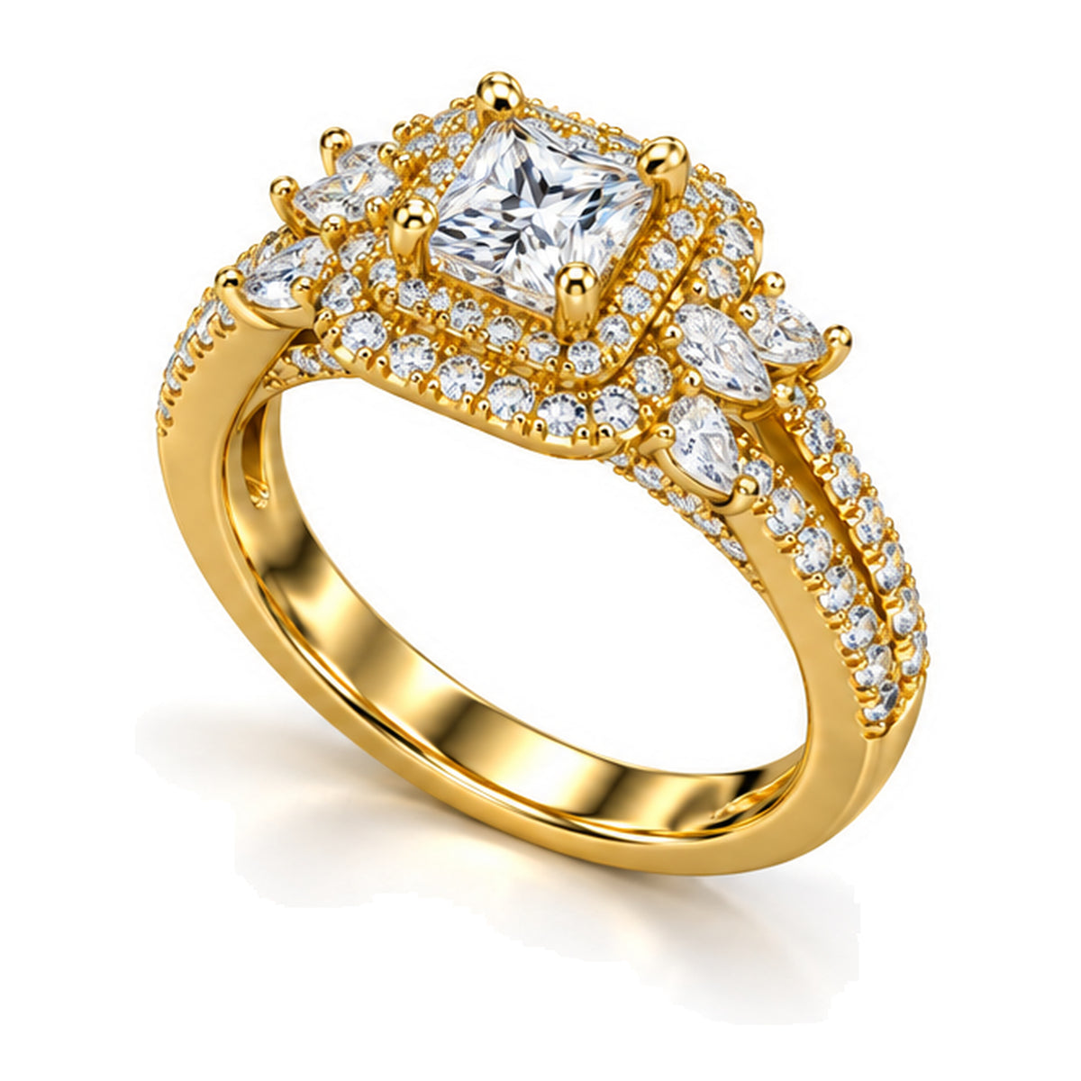 Princess Cut Moissanite Double Halo Engagement Ring with Marquise and Pear Accents — 925 Sterling Silver, 18K Gold Plated
